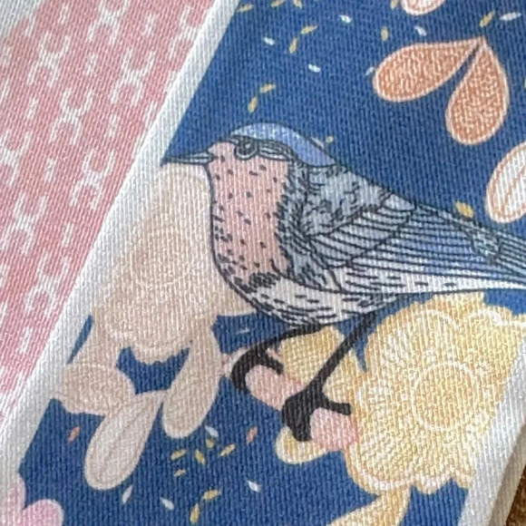 Reversible Blue & Pink Bird & Flower Print Twilly Narrow Tie Scarf - Picture 3 of 4